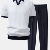 Contrast Textured Johnny Collar Polo & Slim Fit Tapered Trousers