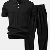 Geometric Jacquard Open Knit Polo & Straight Leg Ribbed Pants