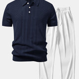 Geometric Jacquard Open Knit Polo & Straight Leg Ribbed Pants