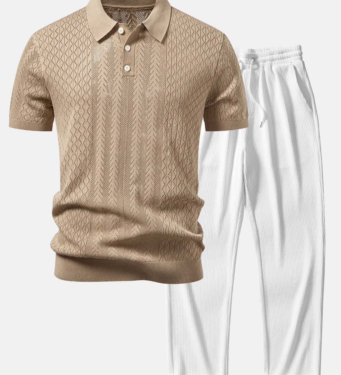 Geometric Jacquard Open Knit Polo & Straight Leg Ribbed Pants