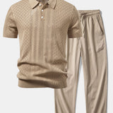 Geometric Jacquard Open Knit Polo & Crinkle Textured Straight Leg Pants