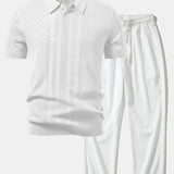 Geometric Jacquard Open Knit Polo & Crinkle Textured Straight Leg Pants