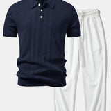 Geometric Jacquard Open Knit Polo & Crinkle Textured Straight Leg Pants