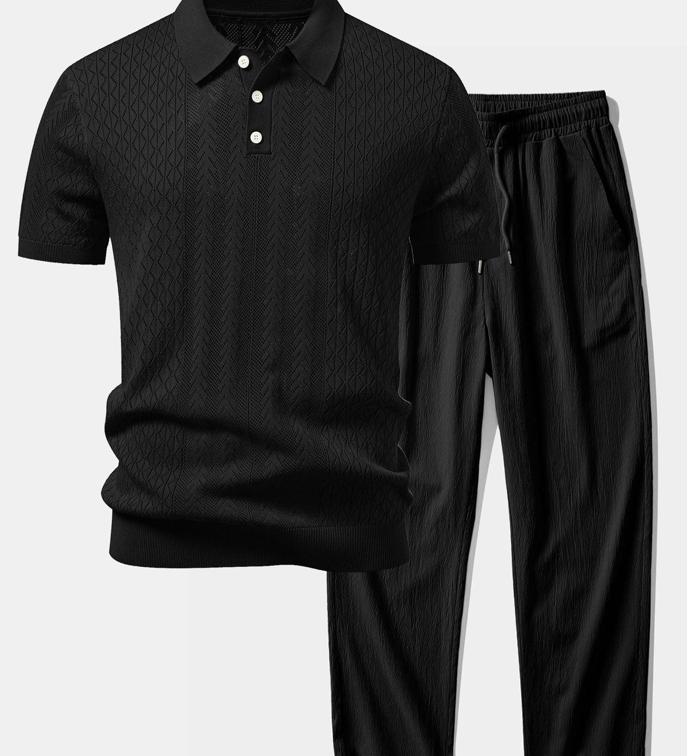 Geometric Jacquard Open Knit Polo & Crinkle Textured Straight Leg Pants