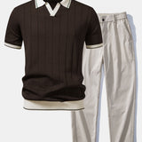Contrast Trim Ribbed Johnny Collar Knit Polo & Elastic Waist Straight Leg Trousers