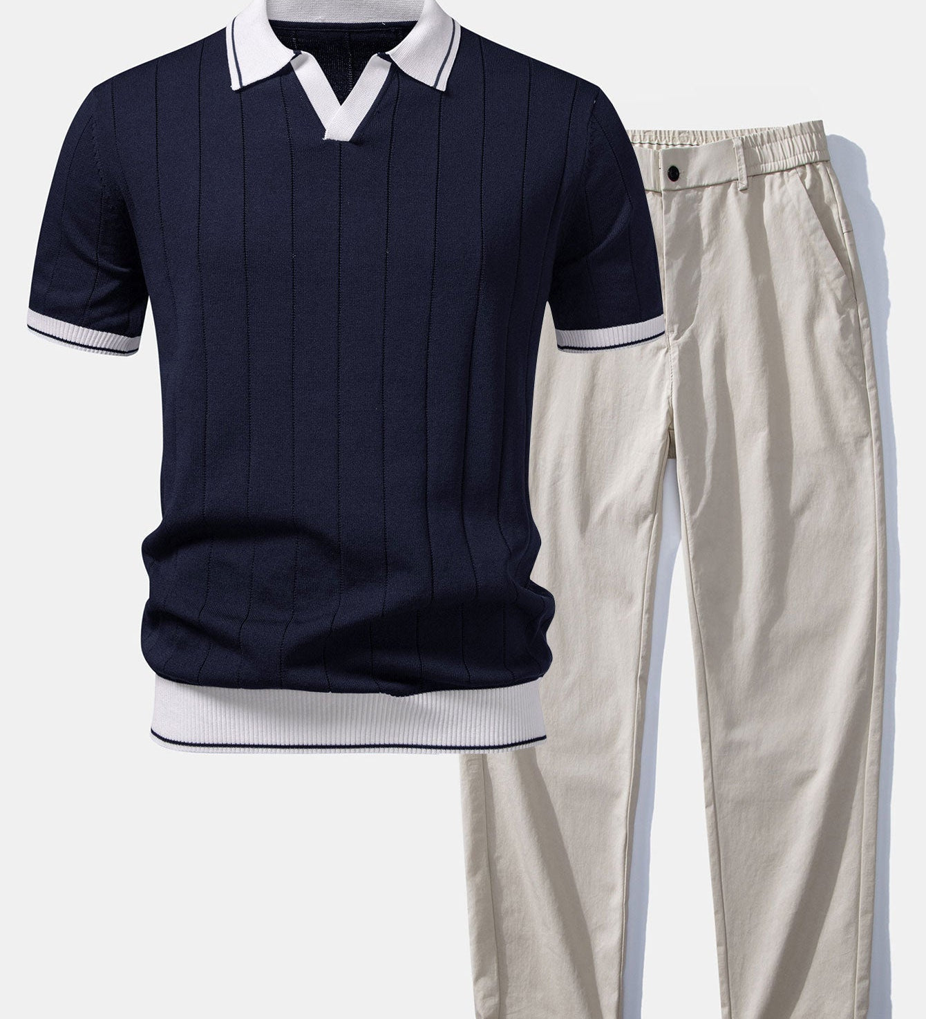Contrast Trim Ribbed Johnny Collar Knit Polo & Elastic Waist Straight Leg Trousers