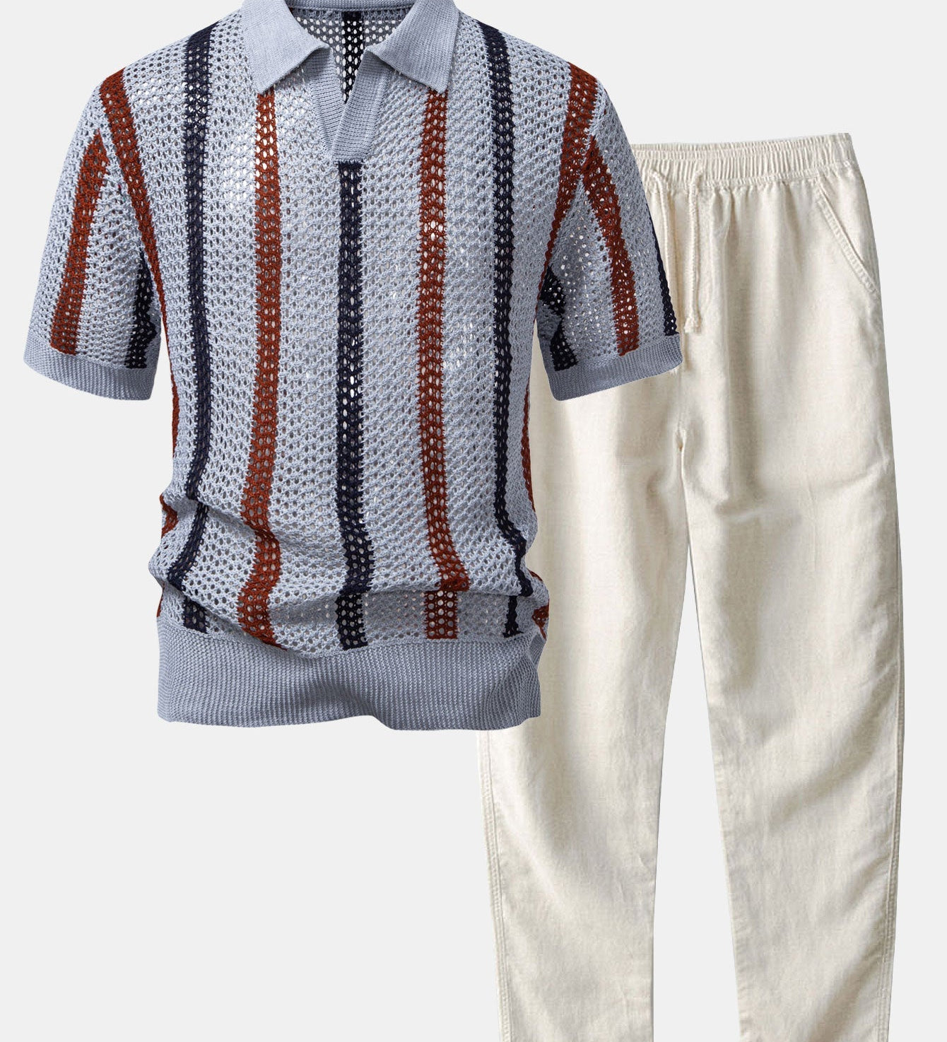 Gestreepte gehaakte V-hals Polo & linnen broek met rechte pijpen