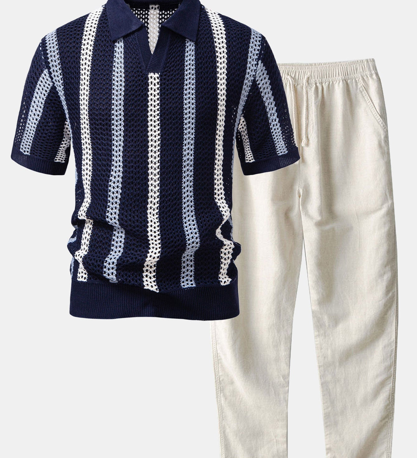 Gestreepte gehaakte V-hals Polo & linnen broek met rechte pijpen