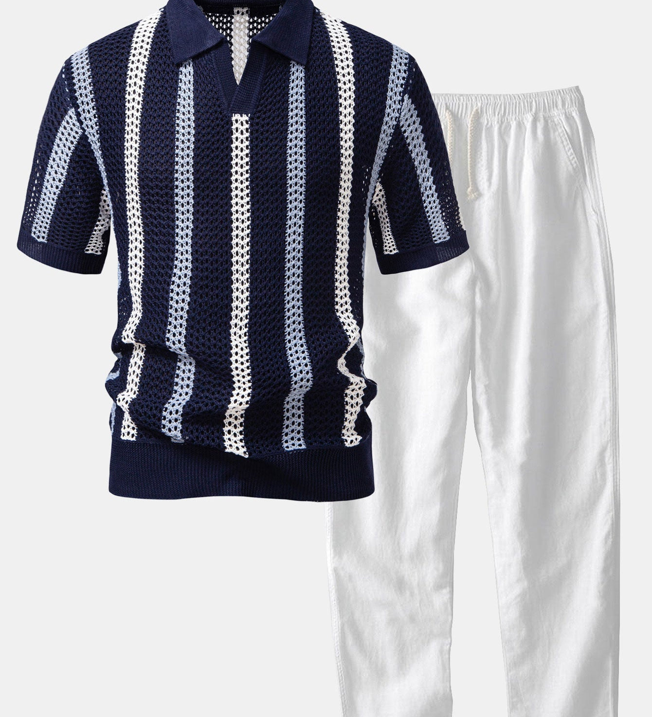 Gestreepte gehaakte V-hals Polo & linnen broek met rechte pijpen
