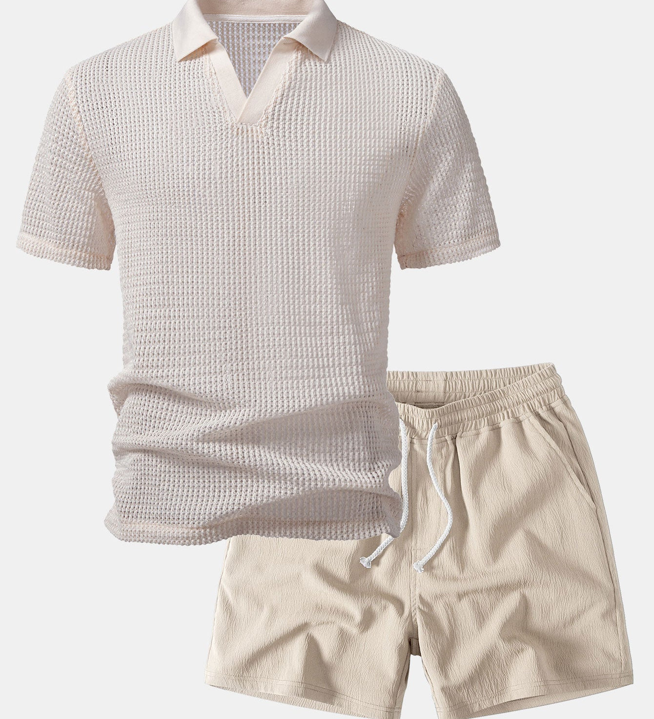 Relax Fit Crocheted V Neck Polo & Crinkle Textured Drawstring 5" Shorts