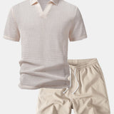 Relax Fit Crocheted V Neck Polo & Crinkle Textured Drawstring 5" Shorts