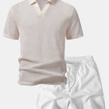 Relax Fit Crocheted V Neck Polo & Crinkle Textured Drawstring 5" Shorts