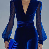 Retro elegant V-neck mesh long-sleeved royal velvet jumpsuit