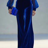 Retro elegant V-neck mesh long-sleeved royal velvet jumpsuit