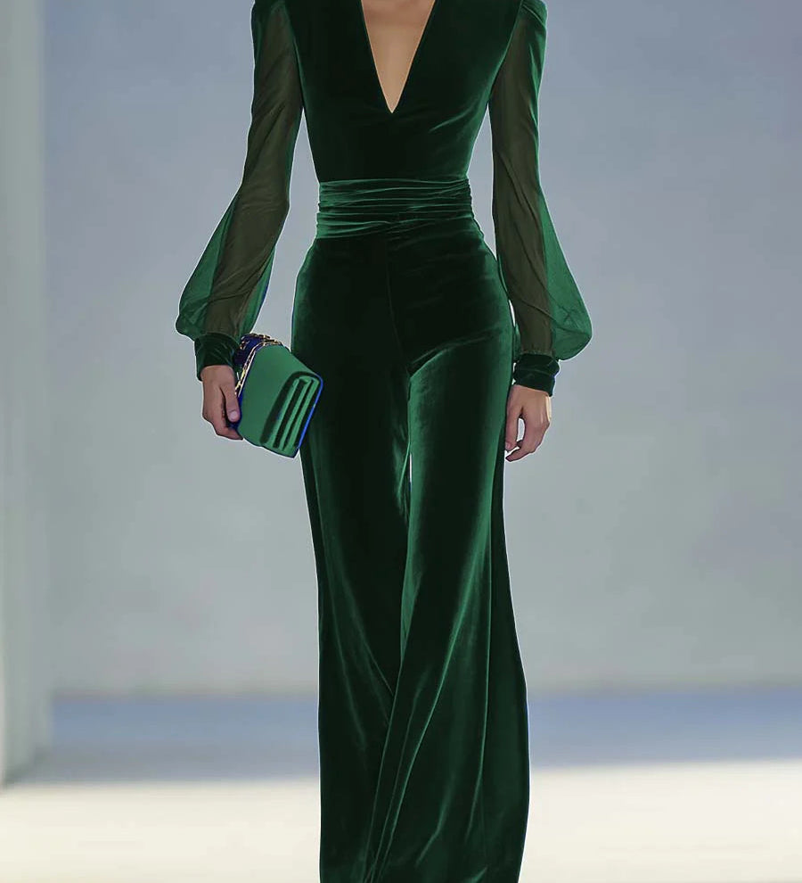 Retro elegant V-neck mesh long-sleeved royal velvet jumpsuit