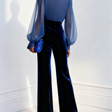 Blue mesh V-neck long-sleeved velvet jumpsuit
