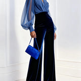 Blue mesh V-neck long-sleeved velvet jumpsuit