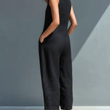 Black Minimalist Faux Linen Button-down Collar Sleeveless Loose-fitting Jumpsuit