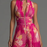 Fuchsia Floral Print Sleeveless Zippered Pleated Wide-leg Chiffon Jumpsuit