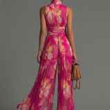 Fuchsia Floral Print Sleeveless Zippered Pleated Wide-leg Chiffon Jumpsuit