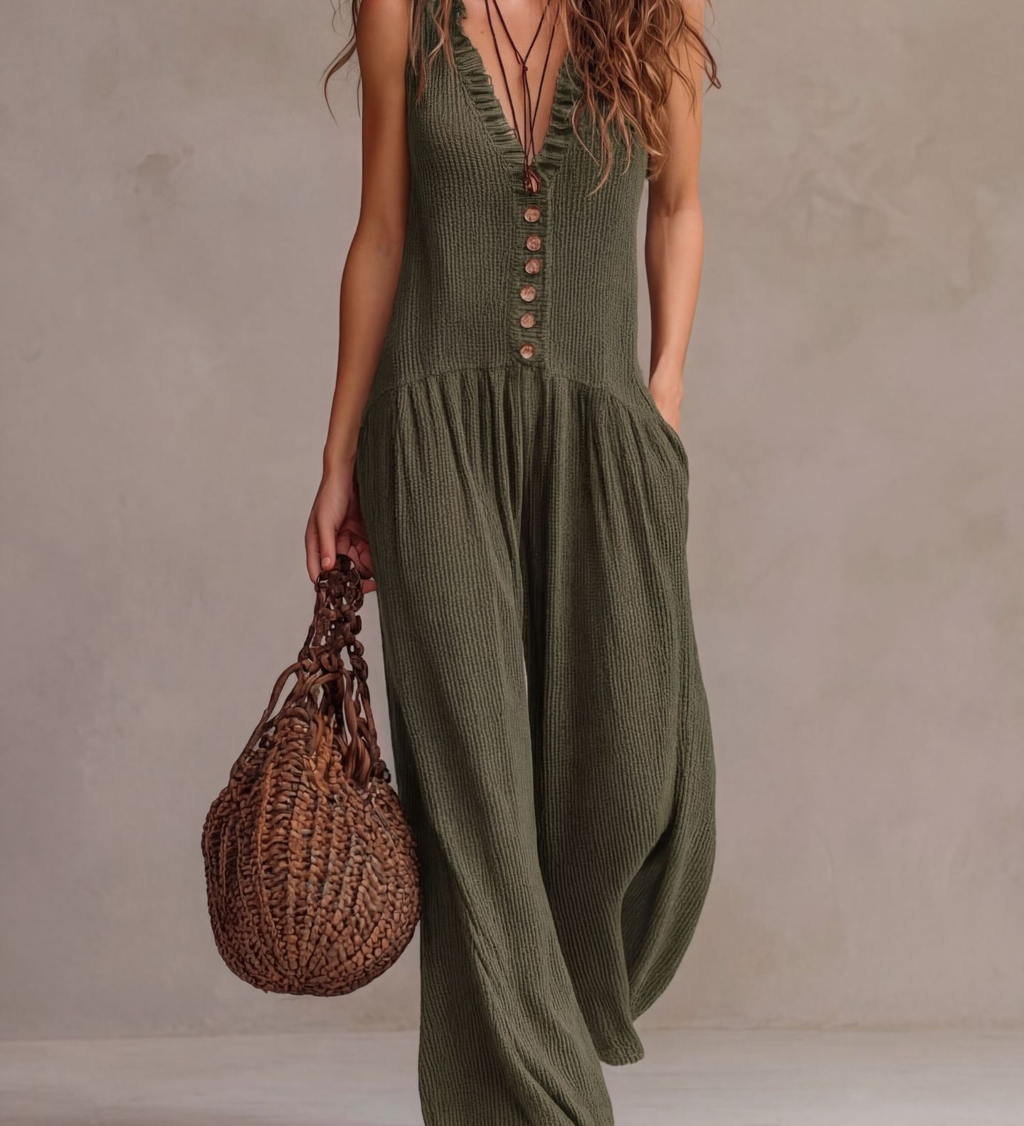 Retro Ruffled V-neck Wide-leg Jumpsuit