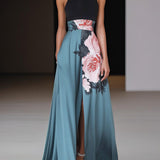 Black Slit Floral Classic Crew Neck Sleeveless A-Line Maxi Dress