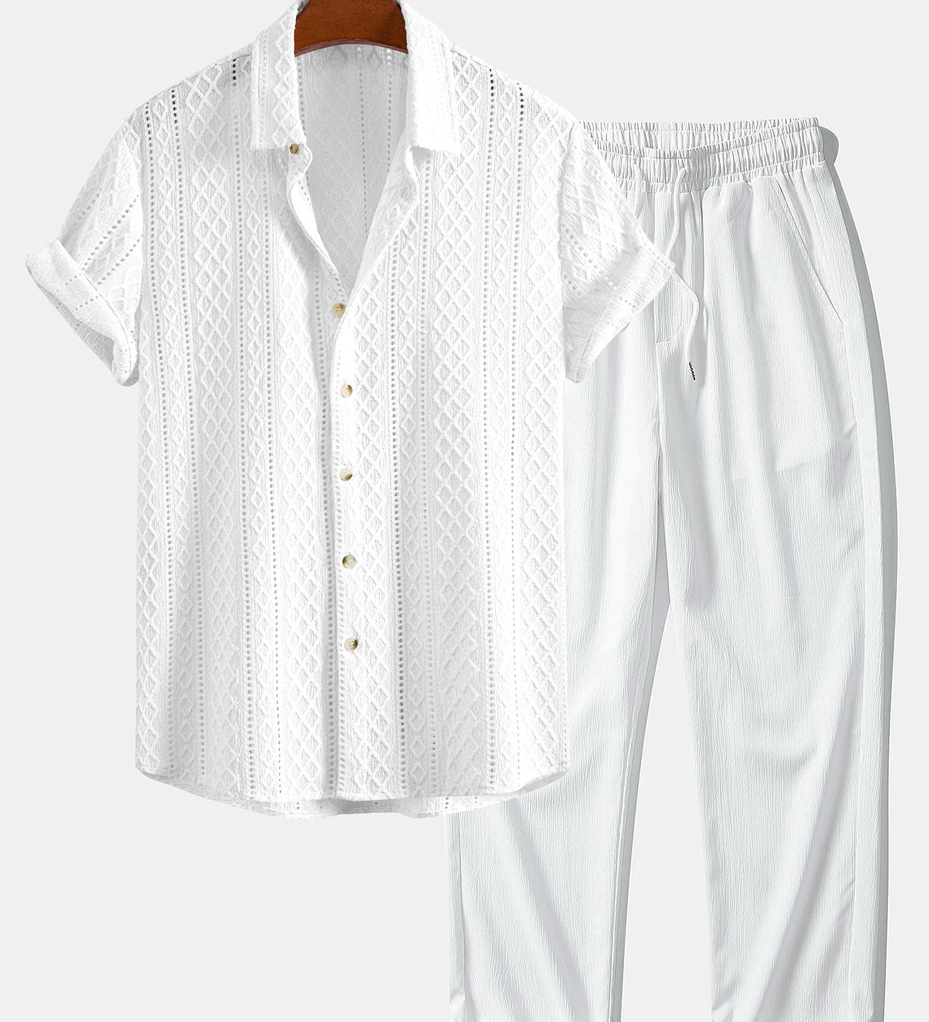 Geometry Rhombus Jacquard Button Up Shirt & Crinkle Textured Straight Leg Pants