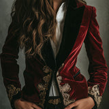 Elegant Black Collar Gold Luxury Embroidered Velvet Blazer