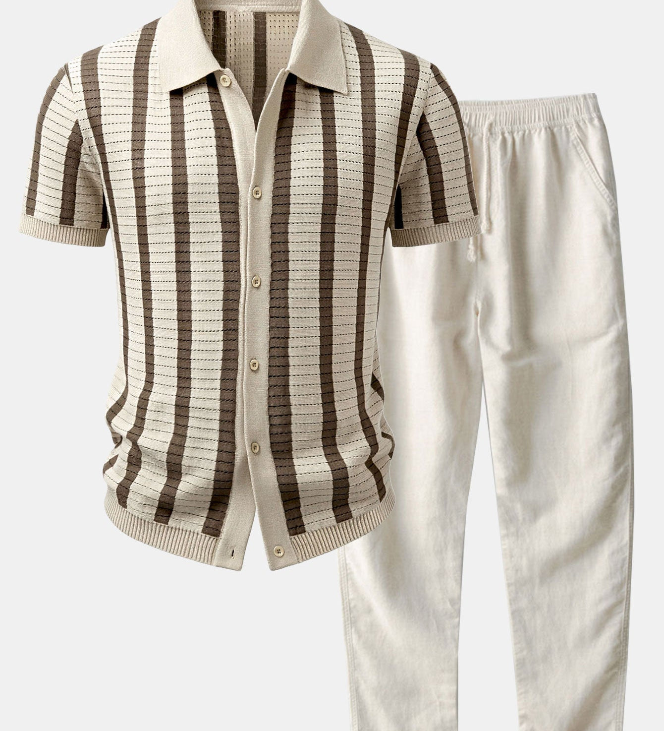 Stripe Button Up Knit Shirt & Straight Leg Linen Pants