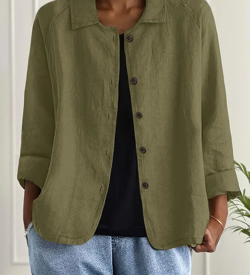 Amélie Rousseau | Sky Breeze Button Linen Jacket with Relaxed Elegance For Women