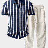 Stripe Button Up Knit Shirt & Straight Leg Linen Pants