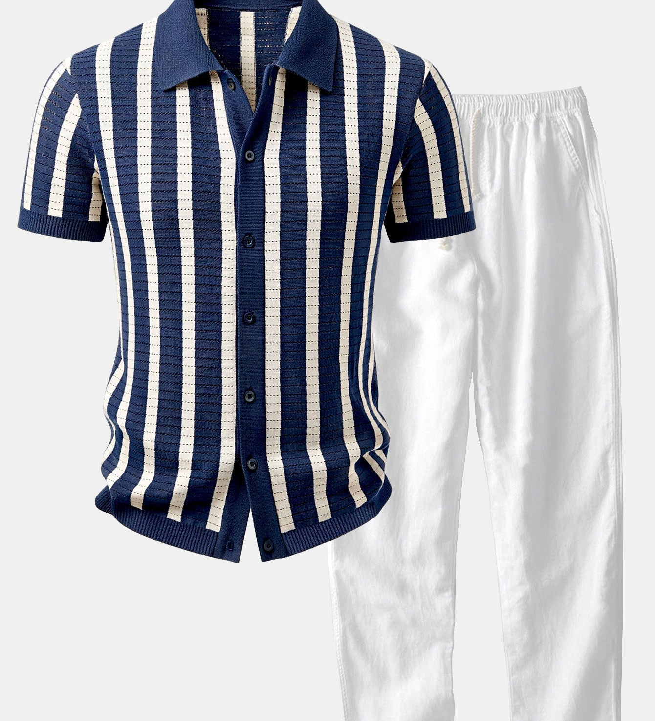 Stripe Button Up Knit Shirt & Straight Leg Linen Pants