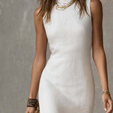 Stand-collar Split-hem Cotton And Linen Midi Dress