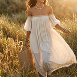 Bohemian Style Off-the-shoulder Pleated Ivory Long Dress