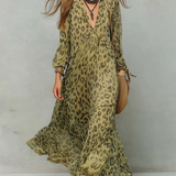 Olive Green Leopard Print Chiffon Long-sleeved Bohemian Dress