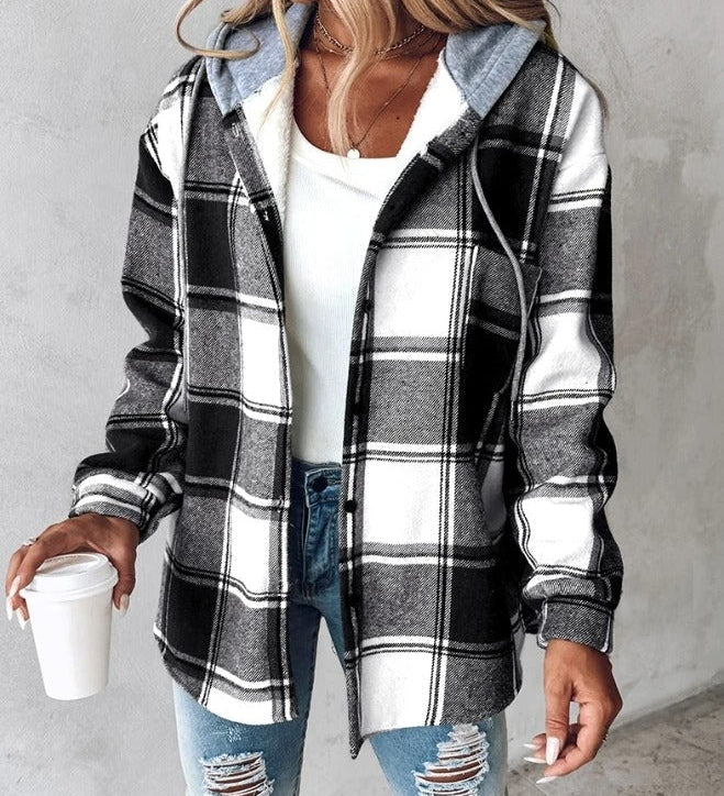 Grace Sutton | Plaid Flannel Hooded Shacket For Women