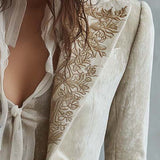 Ivory Velvet Embroidered Blazer With Lace Cuffs