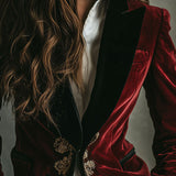 Elegant Black Collar Gold Luxury Embroidered Velvet Blazer