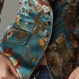 Vintage Teal Floral Velvet Tailored Blazer
