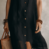 Modern Boho Effortless Black Linen Relaxed Midi Dress