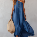 Royal Blue Striped Off-the-shoulder Flowing Long Dress