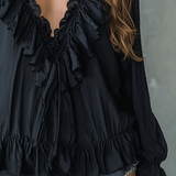 Romantic Bohemian Ruffle Trim V-Neck Lightweight Black Blouse