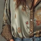 Satin Floral Button-Down Shirt With Leopard Trim