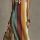 Bohemian Style Striped Color Block Spaghetti Strap Long Dress