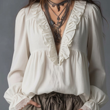 Effortless Zip-up Collar Ruffled Cotton Linen Blouse