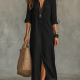 Black Button-Front Bohemian Shirt Maxi Dress