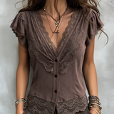 Vintage Tencel V-neck Blouse With Lace Trim