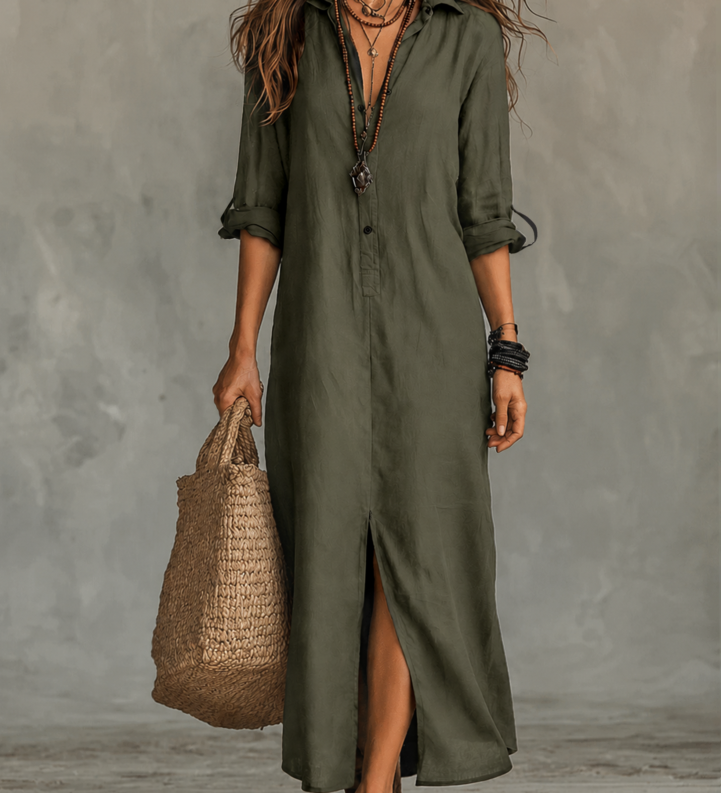 Black Button-Front Bohemian Shirt Maxi Dress
